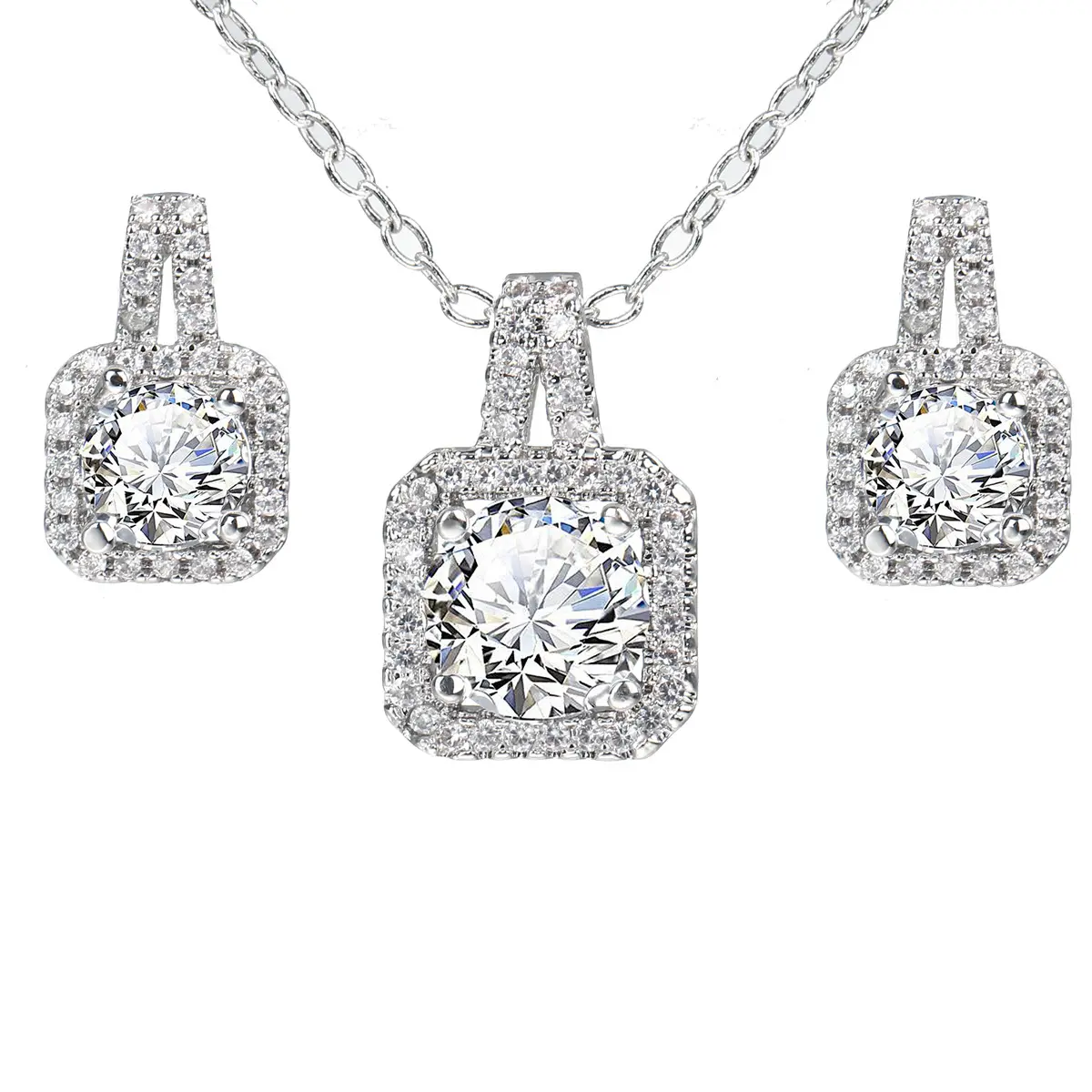 Luxury Bridal Diamond Encrusted Jewelry Set 925 Sterling Silver Square Bling Moissanite Pendant Necklace Earrings Engagement Set