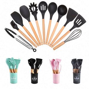 Kitchen Cooking <b>Tool</b> Wood Handle Utensils 12pcs Kitchen Utensils Set Food Grade Silicone Kitchen Utensils Set Home Cooking <b>Tools</b> - Product Image 1