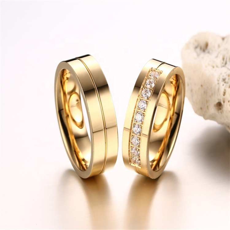 Anillos de boda chapados en oro para hombre y mujer, joyería de compromiso de acero inoxidable 316L, CZ, diamante, gran oferta