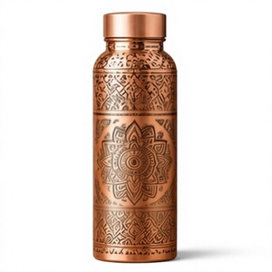Traditional Copper Water <b>Bottle</b> With Bohemian Mandala Design Portable Travel <b>Flask</b> With Lid - Product Image 1