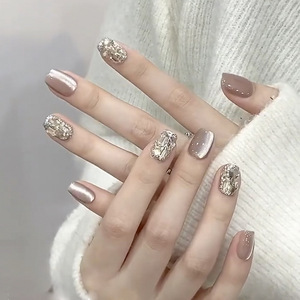 Ongles à presser en acrylique élégants style French Manucure, longs ongles à presser en amande avec dégradé de paillettes argentées, réutilisables, pour mariée, luxe, <span class=keywords><strong>nail</strong></span> <span class=keywords><strong>art</strong></span> - Product Image 6