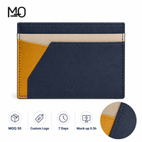 Porte-cartes en cuir bleu marine, étui minimaliste pour cartes avec panneaux color block, poche géométrique et fentes horizontales, offre OEM
