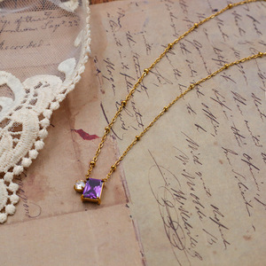 European American Style Rectangular <b>Amethyst</b> <b>Necklace</b> Gold Chain Geometric Pendant Everyday Wear Clavicle Chain - Product Image 1