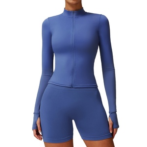 Veste <span class=keywords><strong>de</strong></span> sport pour femme, <span class=keywords><strong>coupe</strong></span> ajustée, en tissu extensible, avec fermeture éclair intégrale, col montant, trous pour les pouces, longueur courte, pour le yoga et les activités <span class=keywords><strong>de</strong></span> plein air - Product Image 1