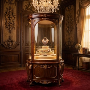Vitrine à bijoux ronde vintage royale |   Vitrine de présentation de bijoux de qualité muséale |   Vitrine pour les magasins de détail de luxe - Product Image 4