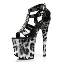 Chaussures de scène gothiques transparentes à talon aiguille de 20 cm (8 pouces) avec plateforme et semelle imprimée léopard, bout ouvert, pour pole dance exotique et boîte de nuit