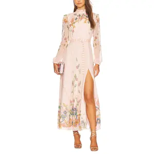 High Quality Elegant Chiffon Stand Collar Long Balloon Sleeve Dress Women Vintage Split Embroidery Belt Pink Maxi Dress