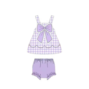 GBO0516 Conjunto de Ropa para Niña Pequeña Personalizado Sin Pedido Mínimo, Conjunto de Falda y Blusa sin Mangas con Lazo Azul a Cuadros para Niña, Venta al Por Mayor - Product Image 2