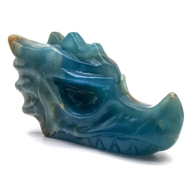 Atacado Pedra Natural cristal quartzo escultura azul ônix dragão cabeça animais artesanato folk azul ônix dragão crânio para decoração