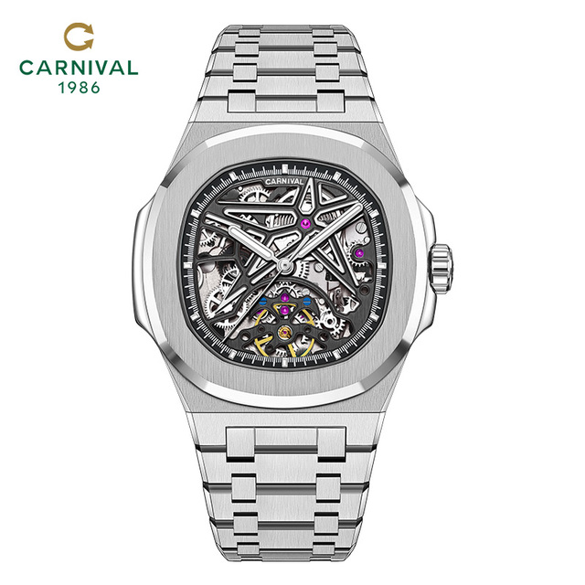 CARNIVAL Luxury Automatic Diver Mechanical Watch for Men 43mm Stainless Steel Oval Case Tourbillon Butterfly Clasp 3BAR Water