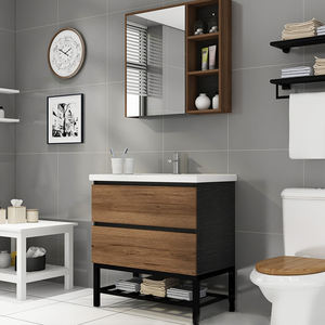 Meuble de salle de bain moderne monté en bois de <span class=keywords><strong>chêne</strong></span> massif en ligne technique double lavabo meuble avec lavabo et miroir - Product Image 4
