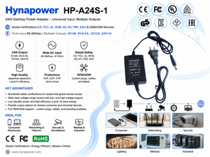 อะแดปเตอร์แปลงไฟแบบตั้งโต๊ะ OEM/ODM 24W  90-264VAC อินพุต 5/9/12/24VDC เอาต์พุต ระดับ VI CE FCC Class II สำหรับเราเตอร์ Hynapower รุ่น HP-A24S-1 - Product Image 4