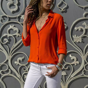 Camisa de Chifón Elegante de Manga Larga con Cuello en V Profundo y Botones para Mujer, Transpirable, de Color Liso, a la Moda, para Primavera, Venta al por Mayor - Product Image 6