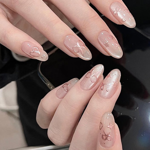 100% uñas medio ovalado desnudo Rosa oro rosa arco corazón fino brillo arte dulce chica usable puntas de uñas - Product Image 3