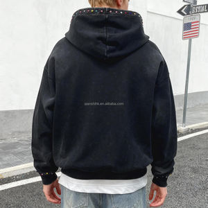 Sun Faded Distressed French Terry Double Zipper Hoodie Mens Custom Heavyweight Acid Wash Rhinestone Zip up Hoodie Fabricants - Product Image 2