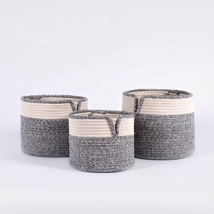 Wholesale handmade design decorative small woven grey cotton rope baskets for laundry plants storage