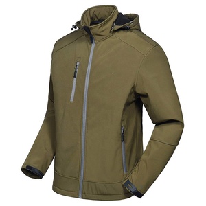 Men's Olive Green Soft Shell <b>Hooded</b> Jacket With <b>Zip</b> Fly And Pockets Regular Fit Outdoor Hiking Coat Water Resistant custom logo - Product Image 1