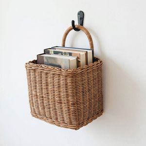 Cesta de Almacenamiento de Mimbre Tejido Rectangular con Asa, Organizador de Utensilios de Cocina para Montar en la Pared, Cesta de Mimbre Natural - Product Image 1
