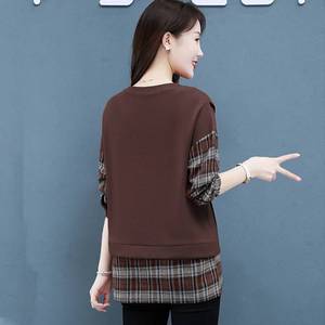 Women's Plaid <b>Patchwork</b> Sweatshirt Set Cotton Lined Loose Casual Autumn Spring Base Layer <b>Top</b> Black Coffee Color - Product Image 5