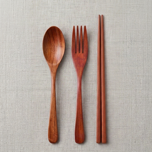 Ensemble de couverts en bois poli à la main, cuillère, fourchette, baguettes, minimalistes, réutilisables, pour le camping et l'hôtellerie - Product Image 1