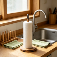 Porte-serviettes en papier de cuisine en bois d'acacia naturel, style minimaliste nordique, support de rouleau de cuisine sur comptoir autoportant avec sangle en cuir