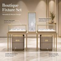 Ensemble de présentoirs à bijoux sur mesure en or champagne, acier inoxydable, vitrine en verre avec armoire de rangement en bois verrouillable