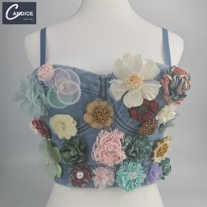 Candice High Fashion Strand urlaub tragen Luxus 3D Jean Bustier Denim Designer Tank Top ärmelloses Blumen korsett