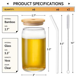 USA Warehouse Free Shipping Products Vinyl Print 16 Oz 480ml Can Shape Glass Tumbler Cup with <b>Bamboo</b> Lid and Glass <b>Straw</b> - Product Image 2