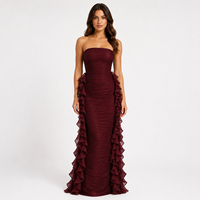 Robe d'été haut de gamme noire et rouge pour femme, coupe midi modeste, volants, coupe droite ample, sans bretelles