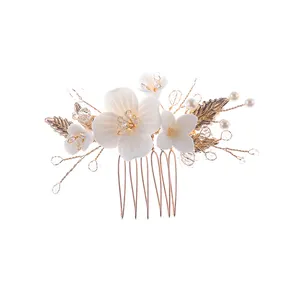 Fashion Sweet Wedding Bride Headdress Accessories Metal Leaf Flower Pearl Bridal Salon Hair Comb For Women