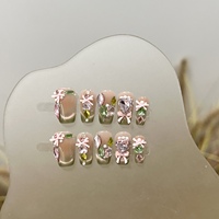 Faux ongles à presser faits main de luxe, motif nœud rose 3D et cœur scintillant, réutilisables, courts forme cercueil, à coller
