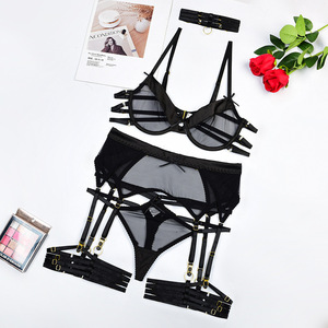 Lencería sexy de malla para mujer, conjunto de sujetador y bragas transparentes amarillos, conjunto de lencería con encaje y halter. - Product Image 6