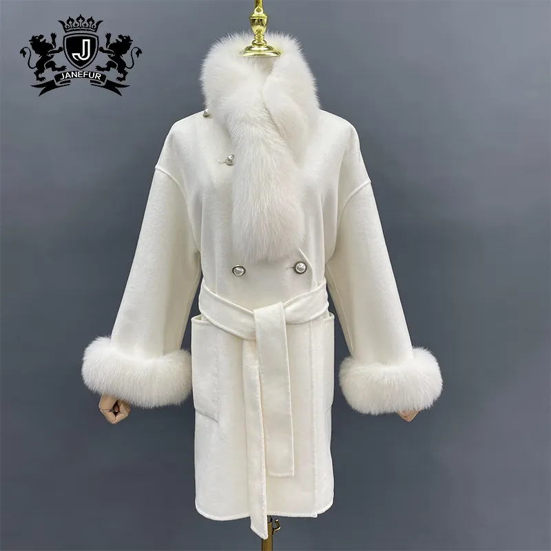 Mantel Kasmir Musim Semi Musim Dingin Wanita dengan Syal Bulu Rubah Asli Desain Sabuk Mantel Wol Buatan Tangan Wajah Ganda Wanita