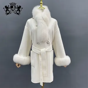 女士春季冬季羊绒大衣配真狐狸毛围巾腰带设计女士双面手工羊毛大衣