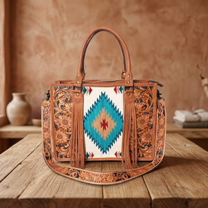 Handmade Durable Genuine Leather Winter Office Travel Laptop Tote <b>Bag</b> Aztec Panel <b>Black</b> White Bohemian Style Heavy-Duty Metal - Product Image 5