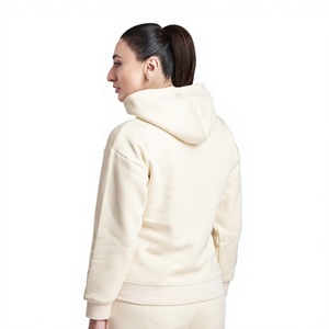 <b>Women</b> <b>Cream</b> Hooded Sweatshirt Set Cotton <b>Fleece</b> Solid Color Casual Autumn Wear With Pockets Regular Fit - Product Image 3