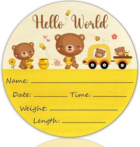Panneau de naissance rond en bois de 15 cm « Hello World » avec girafe et éléphant jaunes pour chambre de bébé, hôpital et fête prénatale - Product Image 3