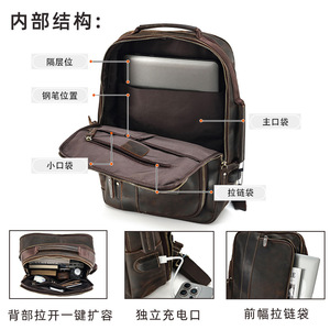 Dujiang Men's Genuine <b>Leather</b> <b>Backpack</b> Crazy Horse Brown 20L Business Travel Laptop Bag <b>Large</b> Capacity Soft Handle Solid Color - Product Image 3