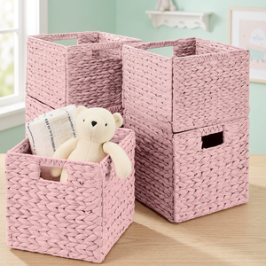 Cestas de almacenamiento tejidas de color rosa, rectangulares, apilables, con asa, para almacenamiento de juguetes para niños, diseño bonito, material de fibra vegetal - Product Image 4
