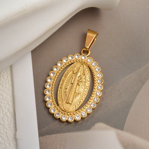 Collar con Colgante de Cuerda Trenzada de Acero Inoxidable con Baño de Oro de 18K, Antideslustre, Unisex, con Zirconia Ovalada y Virgen María, Venta al por Mayor - Product Image 4