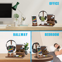 Station d'accueil de téléphone en bois table de chevet organisateur de bureau fait main avec support de casque support de téléphone rotatif