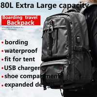 Sac à dos de voyage extra large 80L avec port USB, imperméable, extensible, compartiment à chaussures, sac de randonnée pour hommes, pour le camping