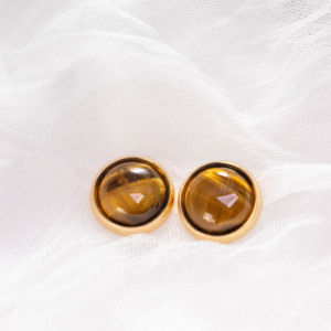 Boucles d'oreilles vintage en pierre œil de tigre plaquées or 18 carats, boucles d'oreilles rondes en pierres précieuses pour femmes, bijoux minimalistes tendance, cadeau de fête - Product Image 2