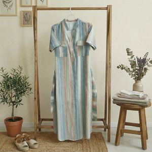 Vestido informal a rayas con botones para mujer, con lazo en la cintura, cómodo vestido de verano con mangas cortas y rayas modernas - Product Image 5