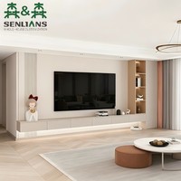 Console TV flottante crème avec niche multimédia ouverte, étagère lumineuse et rangement à tiroirs pour salon