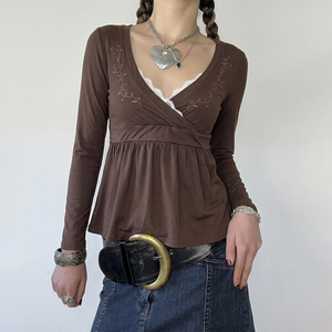 American Vintage Countryside Lace <b>Patchwork</b> V Neck Cross Front Long Sleeve Casual Fashion A Line <b>Top</b> for Women - Product Image 3