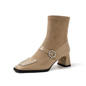 Botas de media pantorrilla ajustadas, modernas y versátiles para mujer, para otoño e invierno, con tacones gruesos. - Product Image 2