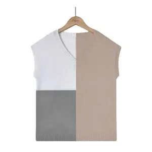 New summer Loose Color Blocking Tops Casual Cool pullover V-Neck Short Sleeve Design Knitted T-Shirt for Women