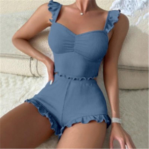 OEM Custom Women Ribbed Knit Pajamas Ruffle Strap Cami Top <b>Shorts</b> 2 Piece Loungewear Sleepwear - Product Image 1