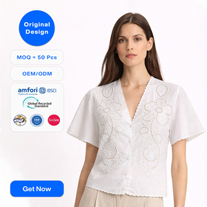 Chemisier blanc élégant pour femme, design original personnalisé, manches courtes, broderie anglaise, hauts de luxe pour femmes, tissu personnalisé OEM - Product Image 1